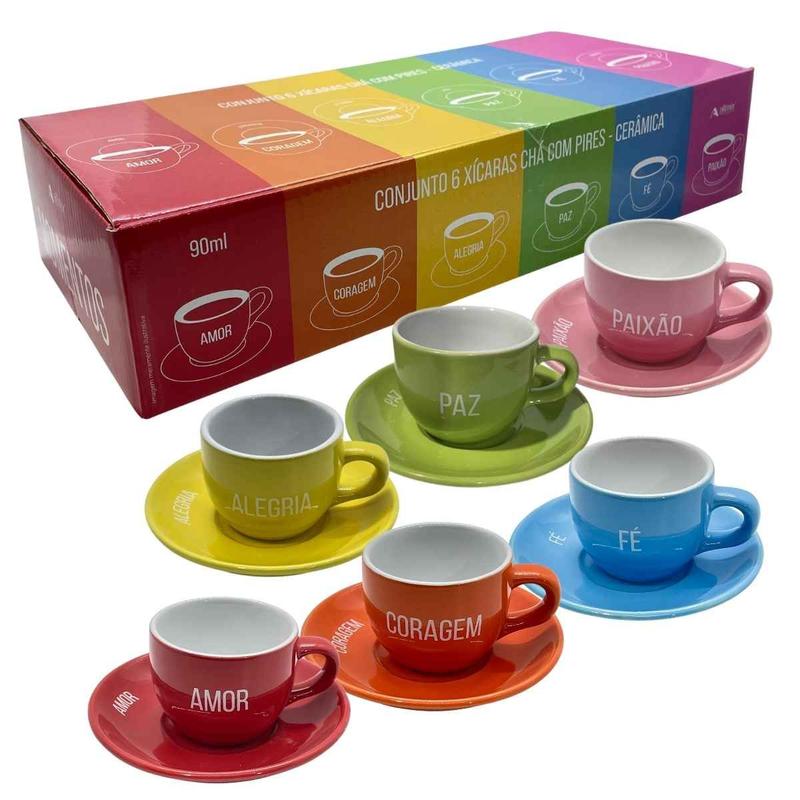 Jogo 6 Xícaras 90mL Com Píres Momentos, AllMix, Caneca Cerâmica De